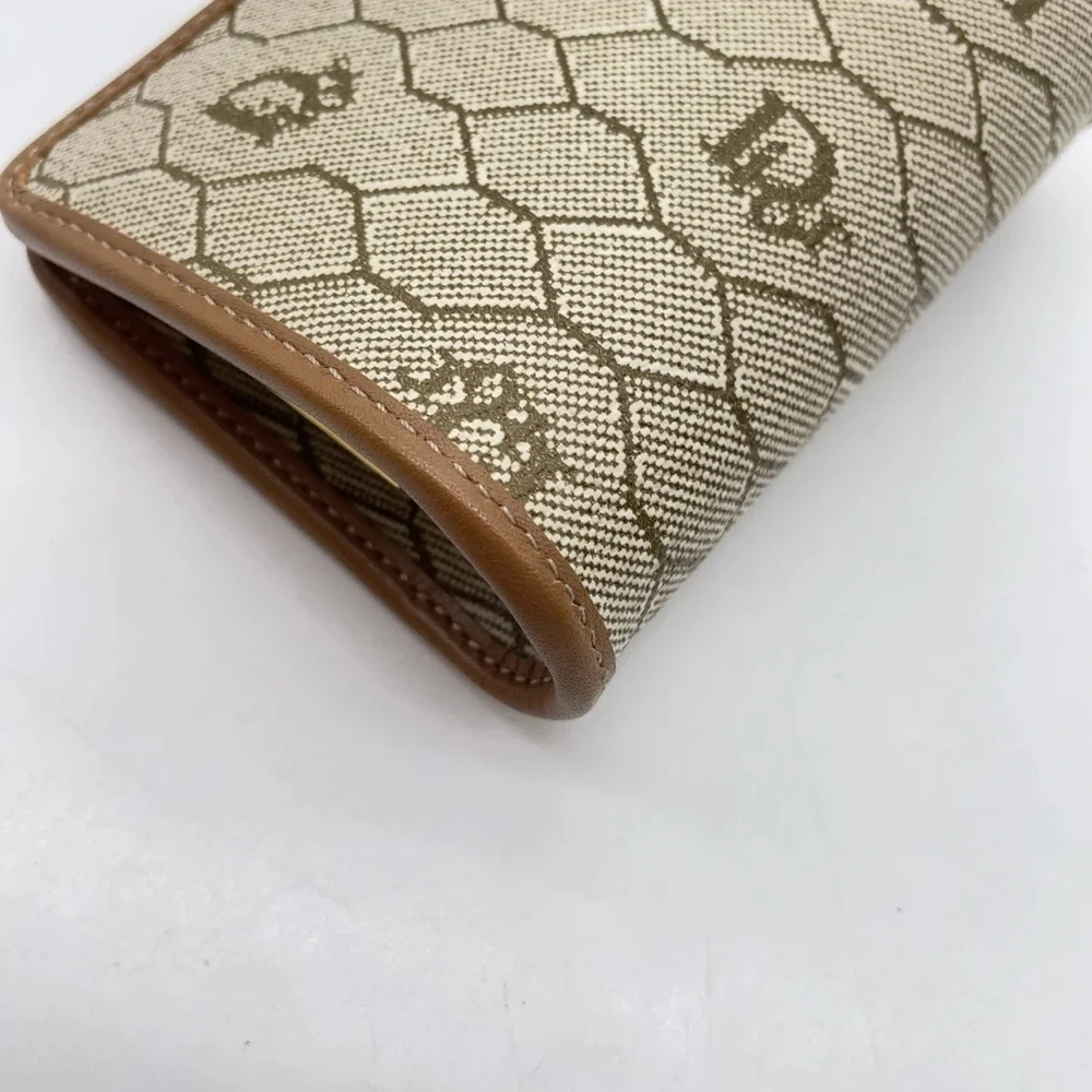 Auth Christian Dior Honeycomb PVC x Leather Beige Clasp Coin Case W/Box